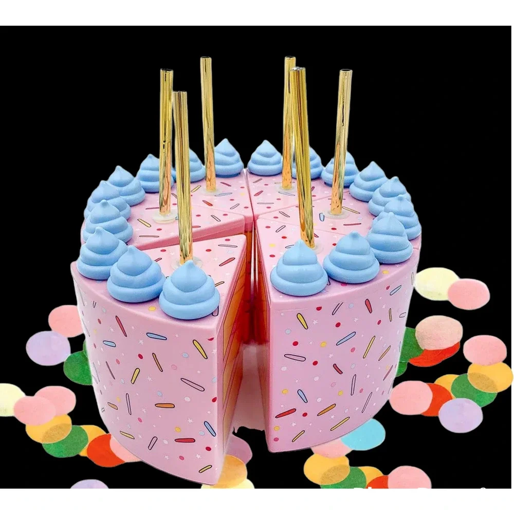 NEW (6) PIECE OF CAKE TUMBLERS Whole Birthday Cake Drinking Cups & Gold Straws